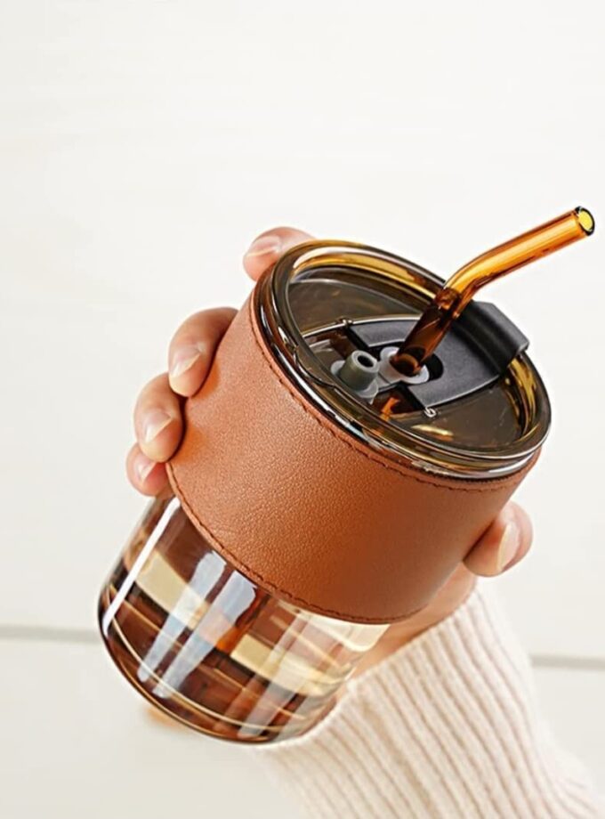 Glass Sipper Tumbler Lid And Straw Coffee Tumbler Tea Coffee Mugs With Leather Sleeve Cup And Mug For Kids Milk Juice Mug For Water Drinking Sipper