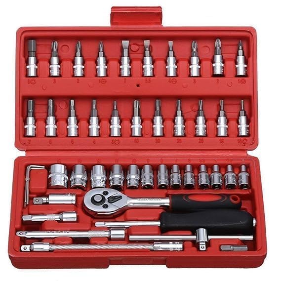 Tool Kit 46 Pcs Household | 1/4 Drive Socket Screwdriver Wrench Set for Bike, Car Repairs & More Spanner & Socket Set All Size Tool Kit Goti Pana Perfect for DIY Enthusiasts, Black