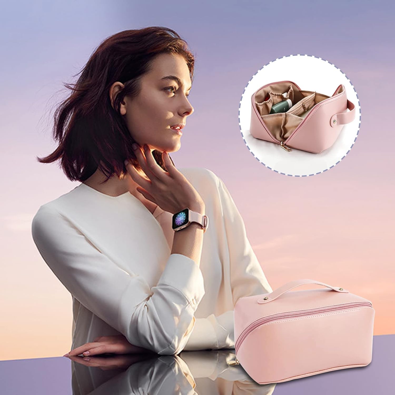 Cross Open Cosmetic Bag Pink for Women's - Image 9