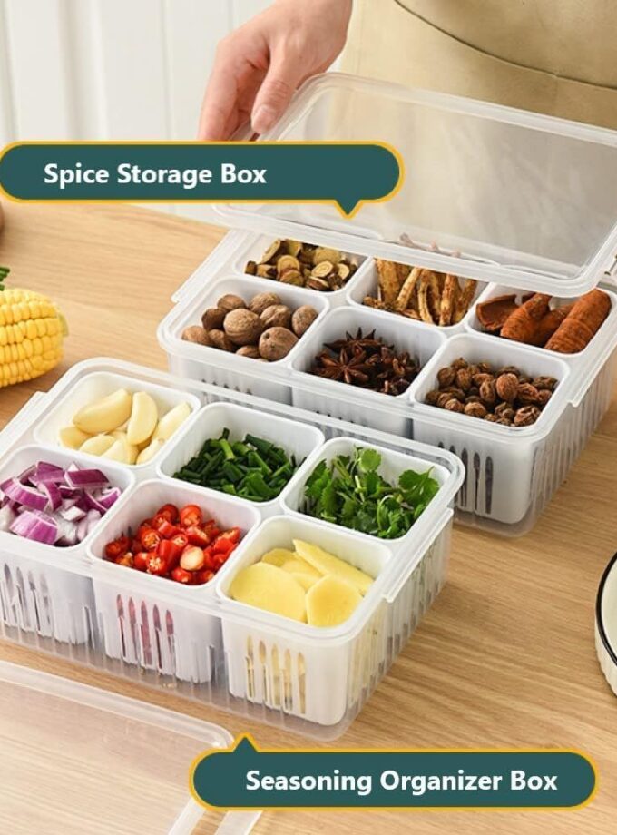 6-in-1 Grid Fridge Storage Containers Fridge Organizer Container & Lid, Stackable Box, Space Saving Plastic Containers for Chopped Vegetables, Fruits
