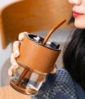 Glass Sipper Tumbler Lid And Straw Coffee Tumbler Tea Coffee Mugs With Leather Sleeve Cup And Mug For Kids Milk Juice Mug For Water Drinking Sipper