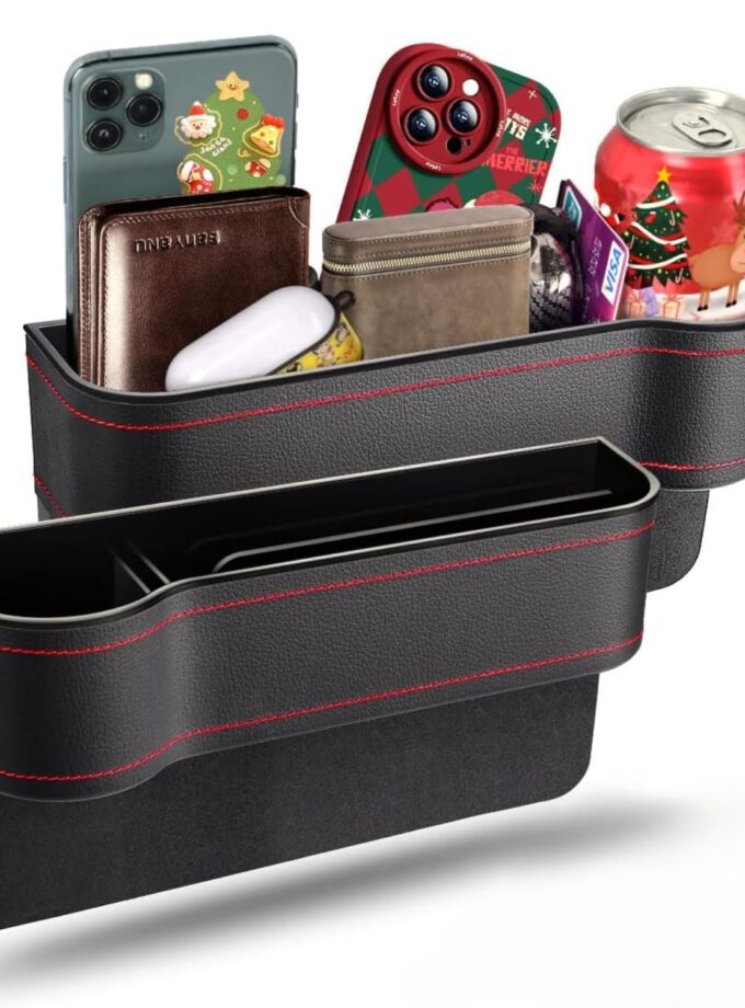ar Side Gap Organizer|Car Accessories Interior with Mobile Holder, Bottle/Cup Holder, Card Slot|Charger Hole for Car Front Seat|Leather Storage Accessories