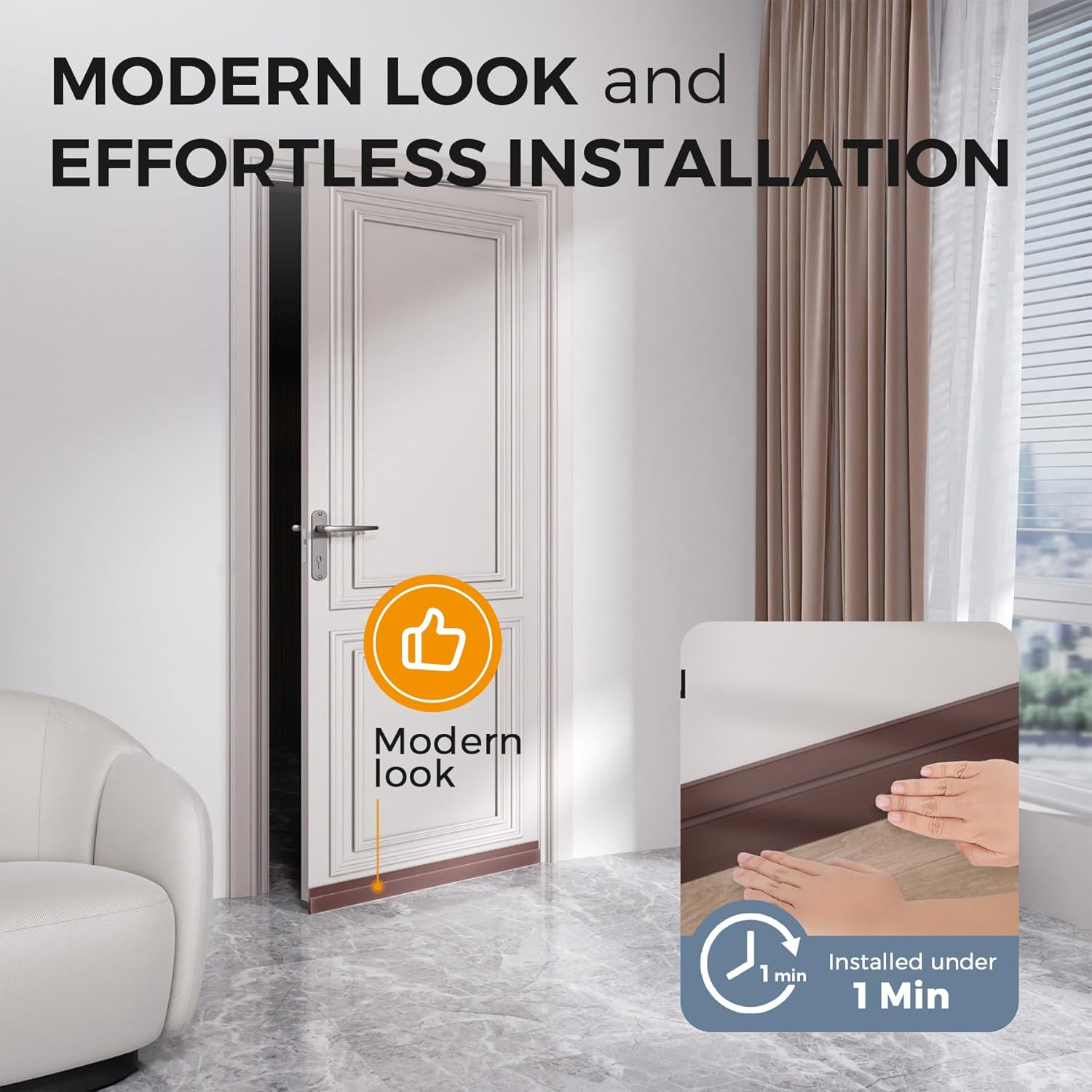 About this item 【HIGH QUALITY MATERIALS】: Door Draft Stopper is made of silicone material, which can bend and deform. It is very flexible and will not damage your floor. The door stoppers for bottom of door is also very Sturdy and has a longer service life. Size: 2” W x 39” L 【NOISE REDUCTION】: Door sweep design is adopted to effectively reduce noise, prevent dust from entering through the door, and keep the room quiet and neat. 【SAVE MONEY AND ENERGY】: In winter and summer, draft stopper prevent the leakage of air conditioning and heating, make your room more efficient in cooling or heating, save electricity and money. 【EASY TO USE】: Strong than super glue and stripping for doors works on all materials, easy to cut. According to the size of the door, cut it to the right size. 【EXCELLENT AFTER-SALES】: If you have any questions about the Under Door Draft Stopper for bottom of door, please turn to us and let us know how to make it better. We will provide the best after-sales service.